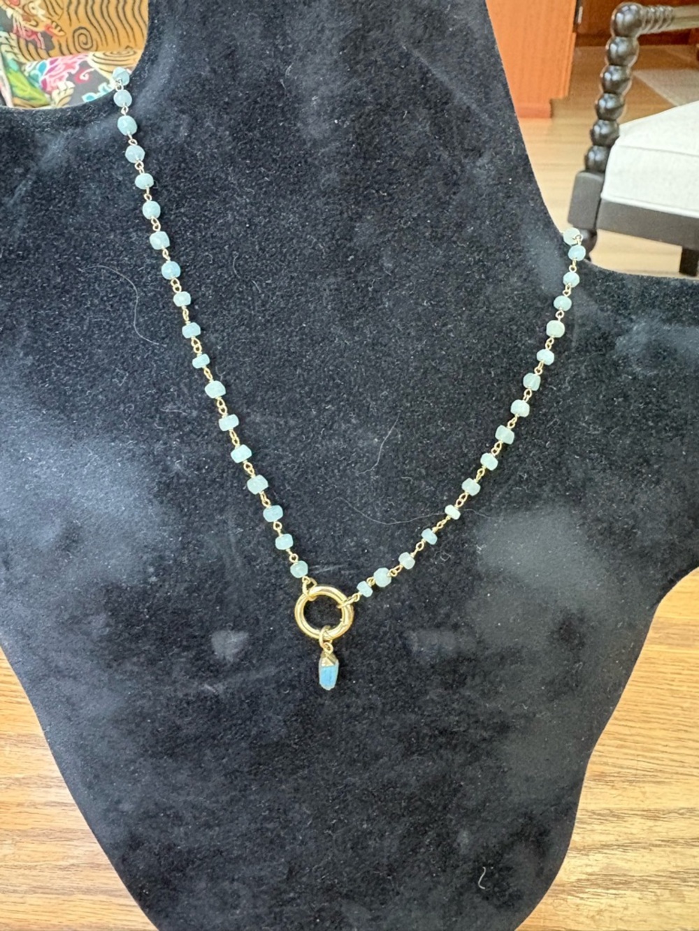 NWOT Gold & AQUAMARINE bead charm necklace with LABRADORITE charm